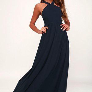 Lulu's Air Of Romance Navy Blue Halter Maxi Dress
